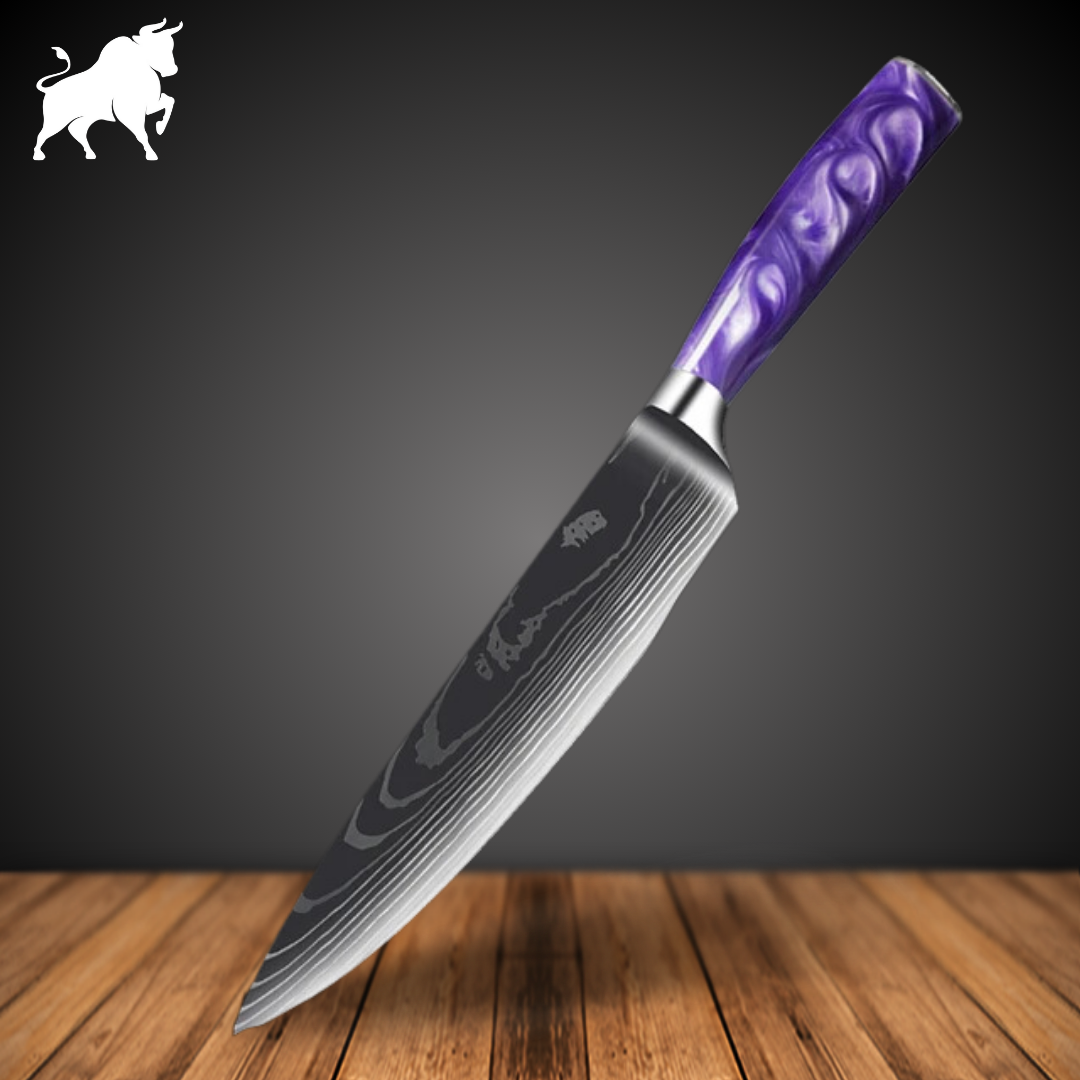Faca Chefe Purple Acabamento Aço Damasco