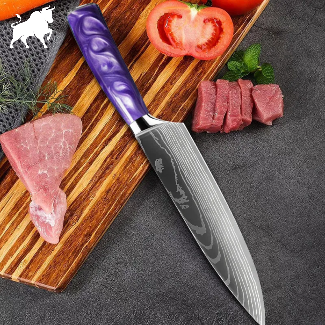 Faca Chefe Purple Acabamento Aço Damasco