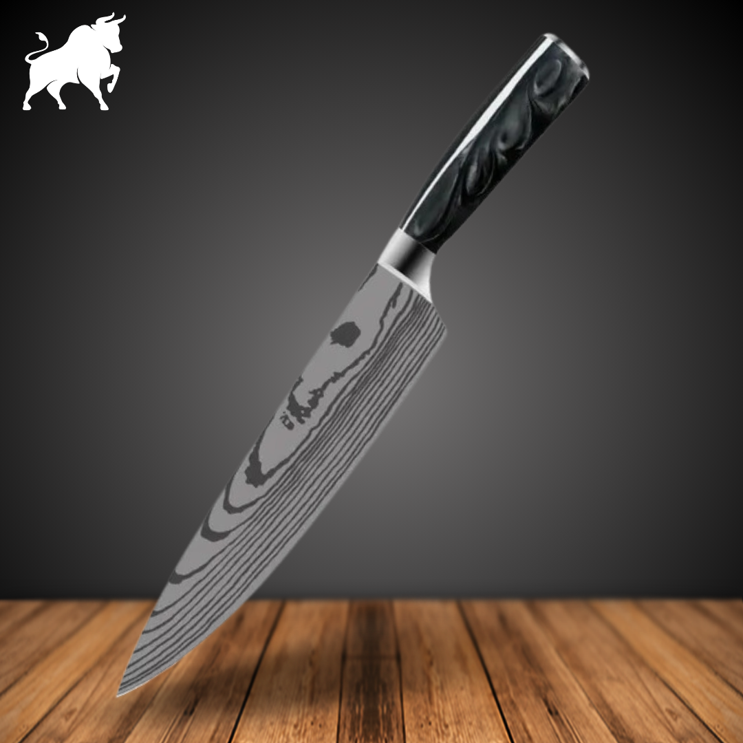 Faca Chefe Black Acabamento Aço Damasco
