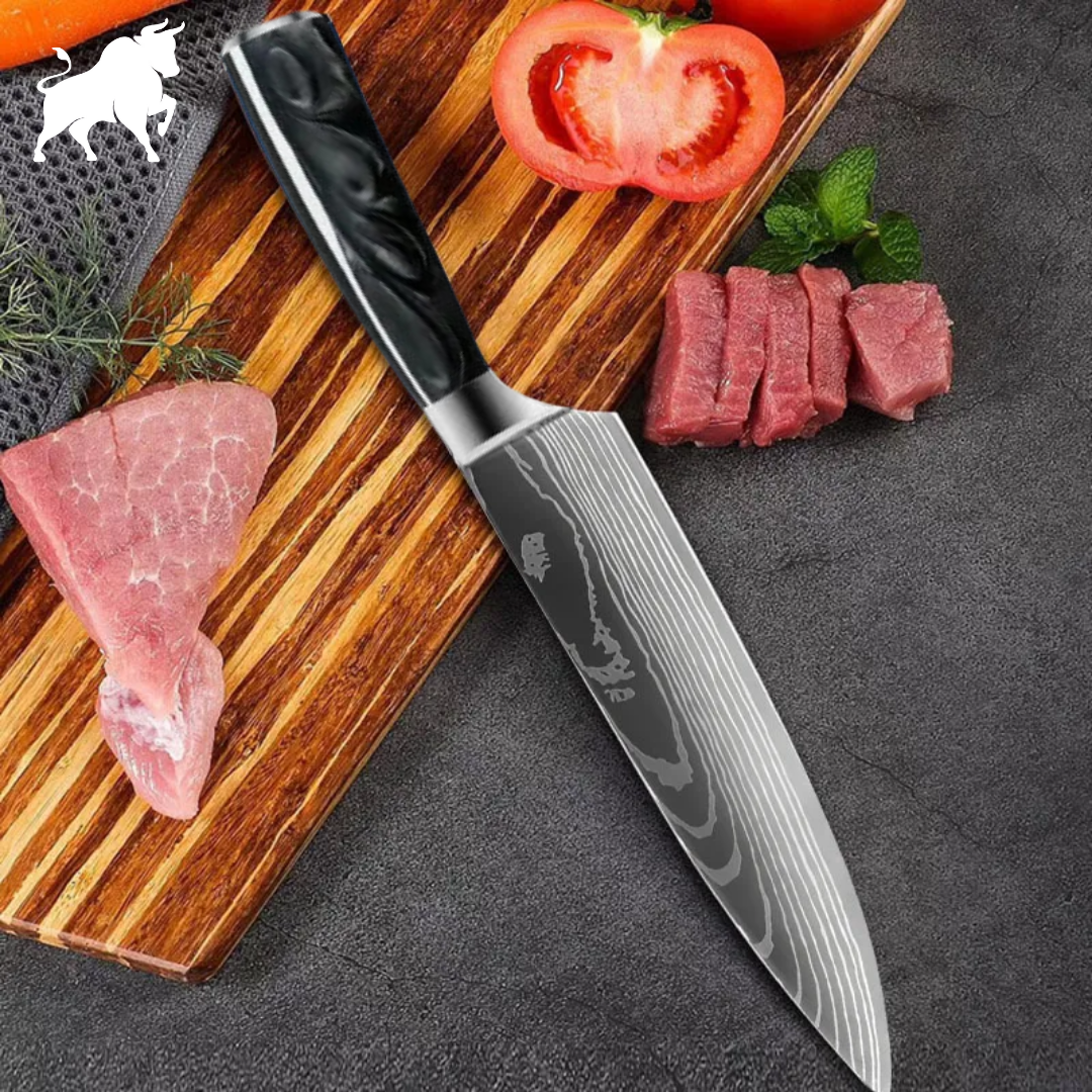 Faca Chefe Black Acabamento Aço Damasco